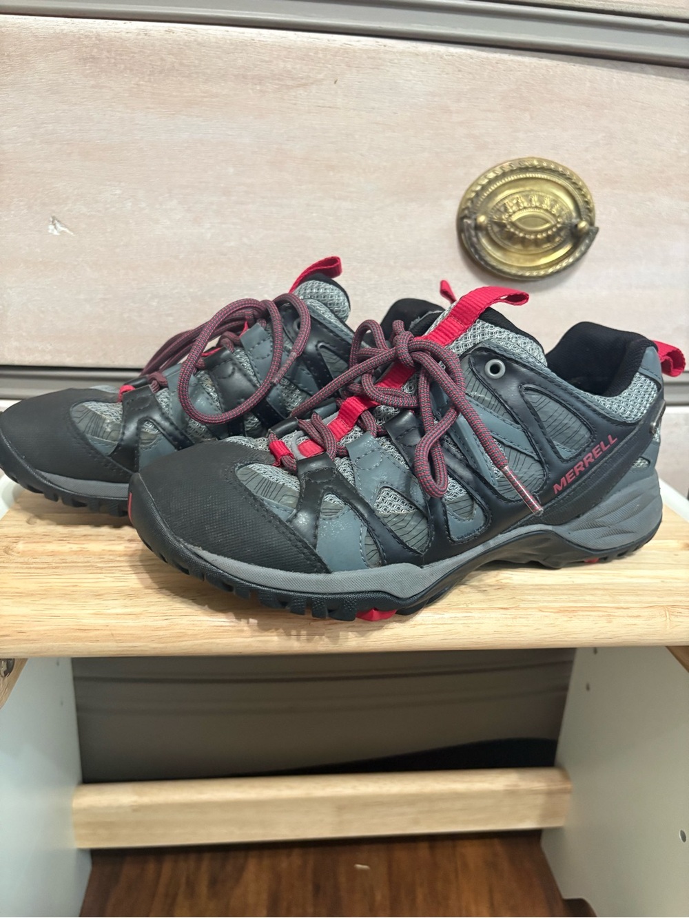 Merrell Gray and Red waterproof hiking Outdoor Trail Shoes big kids size 6